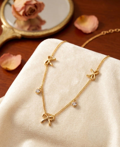 Golden Bow & Crystal Charm Necklace (Stainless Steel)