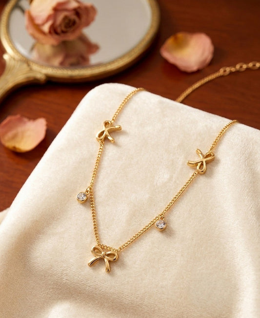 Golden Bow & Crystal Charm Necklace (Stainless Steel)
