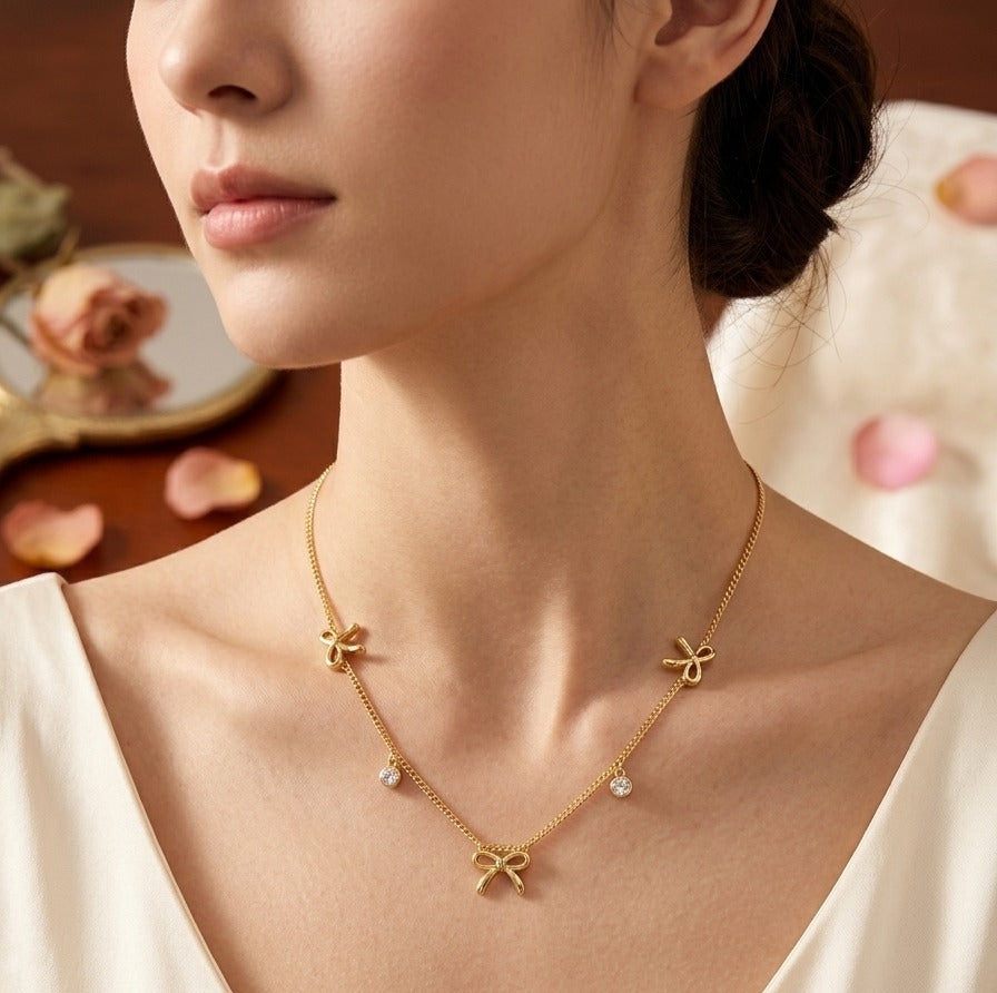 Golden Bow & Crystal Charm Necklace (Stainless Steel)